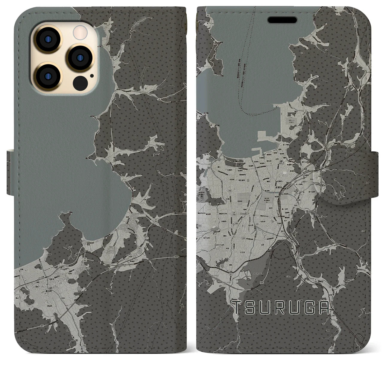 【敦賀(福井県)】地図柄iPhoneケース(手帳タイプ)モノトーン・iPhone 12 Pro Max 用