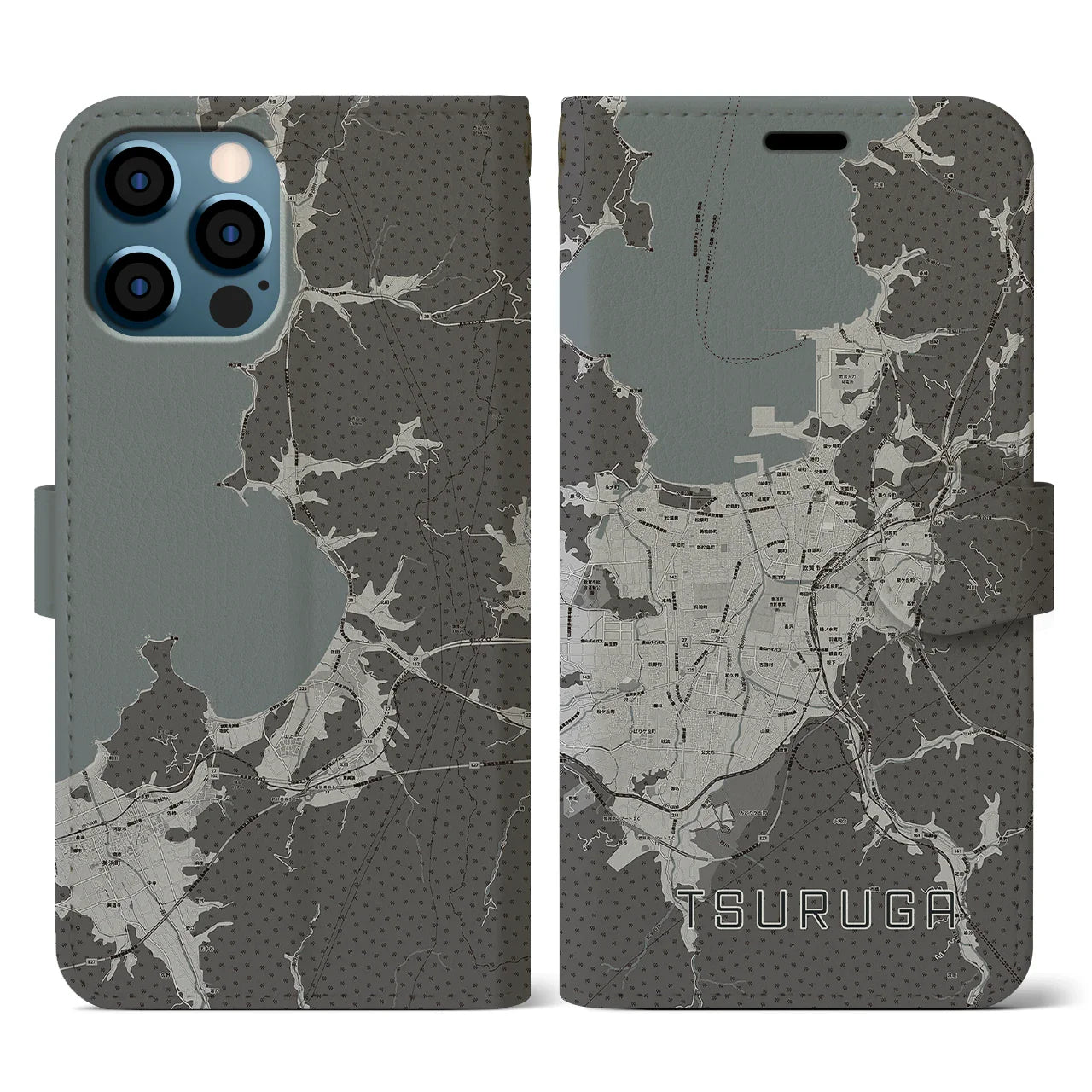 【敦賀(福井県)】地図柄iPhoneケース(手帳タイプ)モノトーン・iPhone 12 / 12 Pro 用