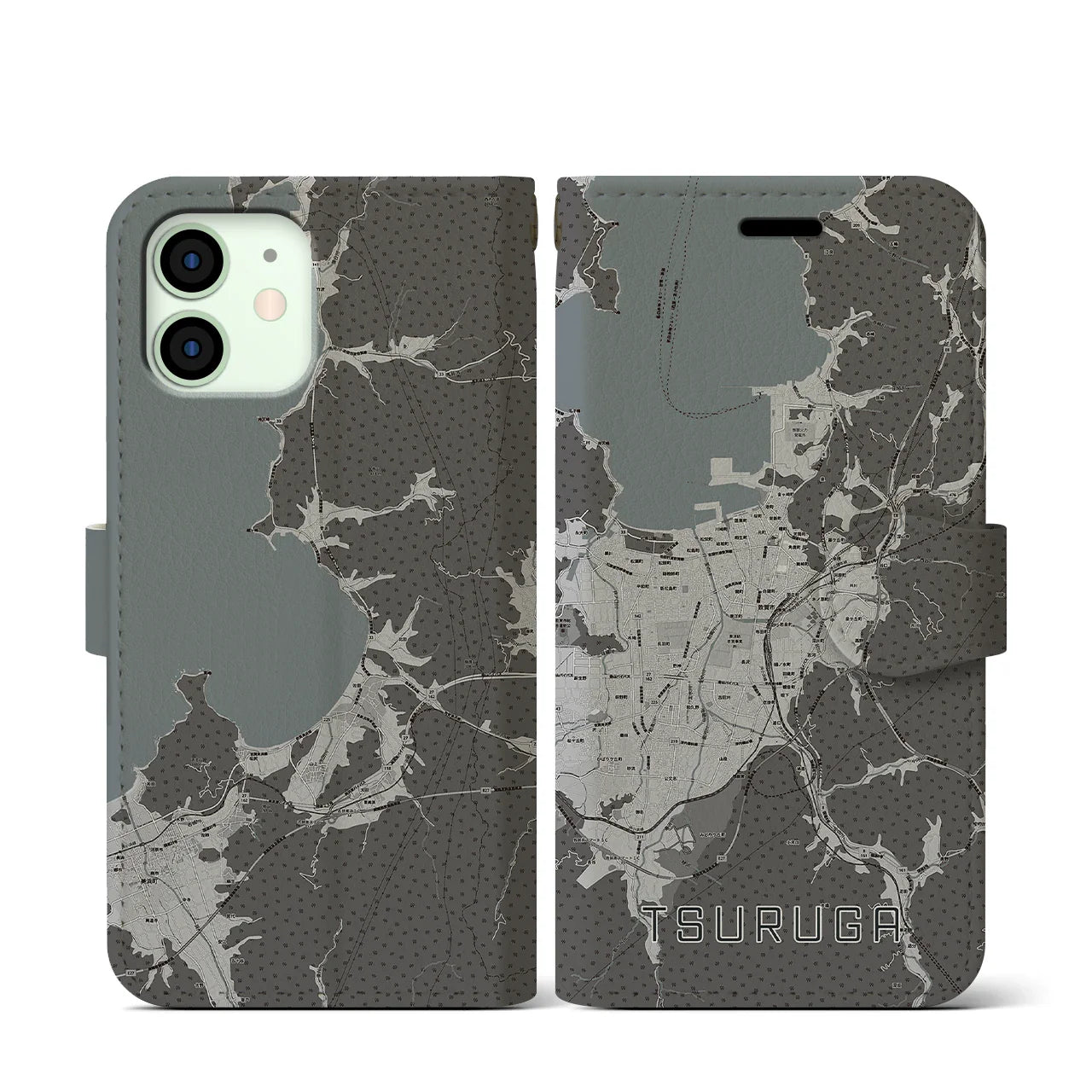 【敦賀(福井県)】地図柄iPhoneケース(手帳タイプ)モノトーン・iPhone 12 mini 用