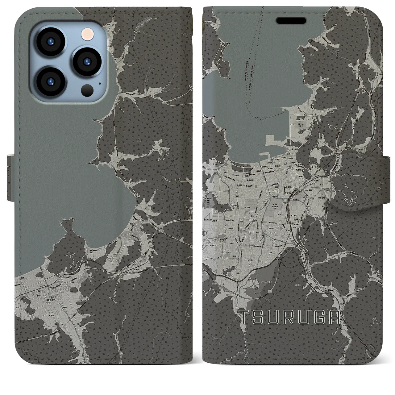 【敦賀(福井県)】地図柄iPhoneケース(手帳タイプ)モノトーン・iPhone 13 Pro Max 用