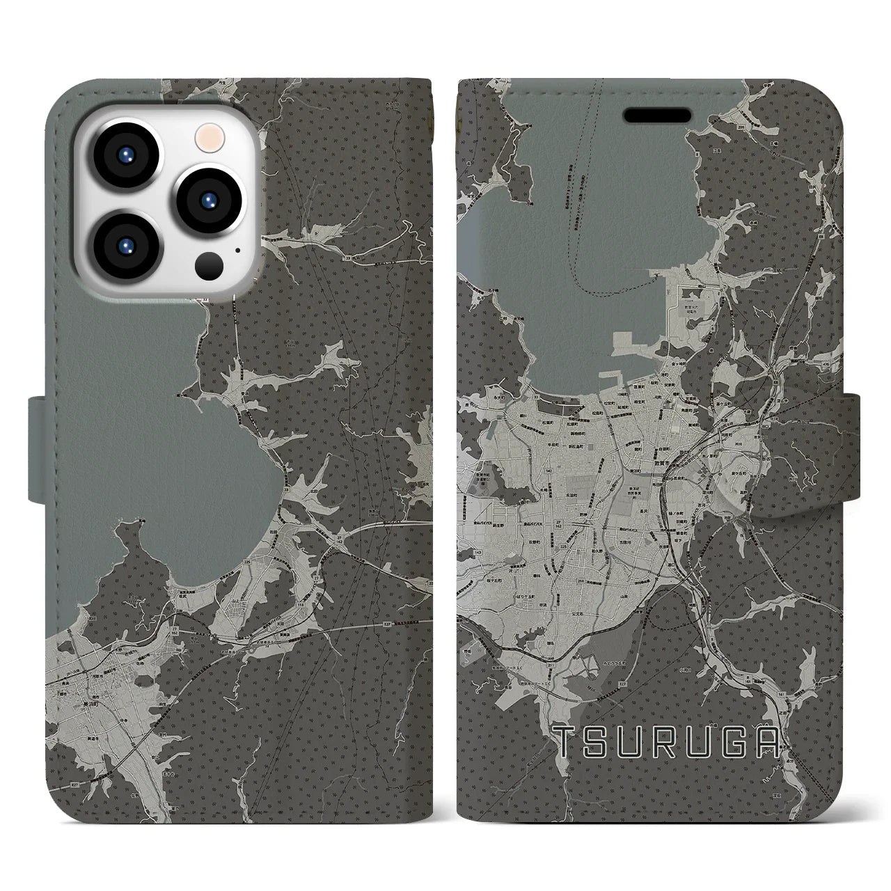 【敦賀(福井県)】地図柄iPhoneケース(手帳タイプ)モノトーン・iPhone 13 Pro 用