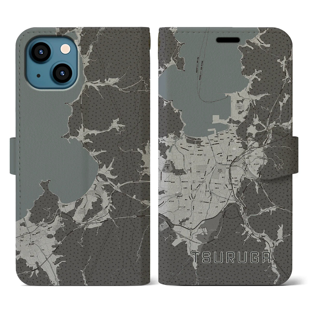 【敦賀(福井県)】地図柄iPhoneケース(手帳タイプ)モノトーン・iPhone 13 用