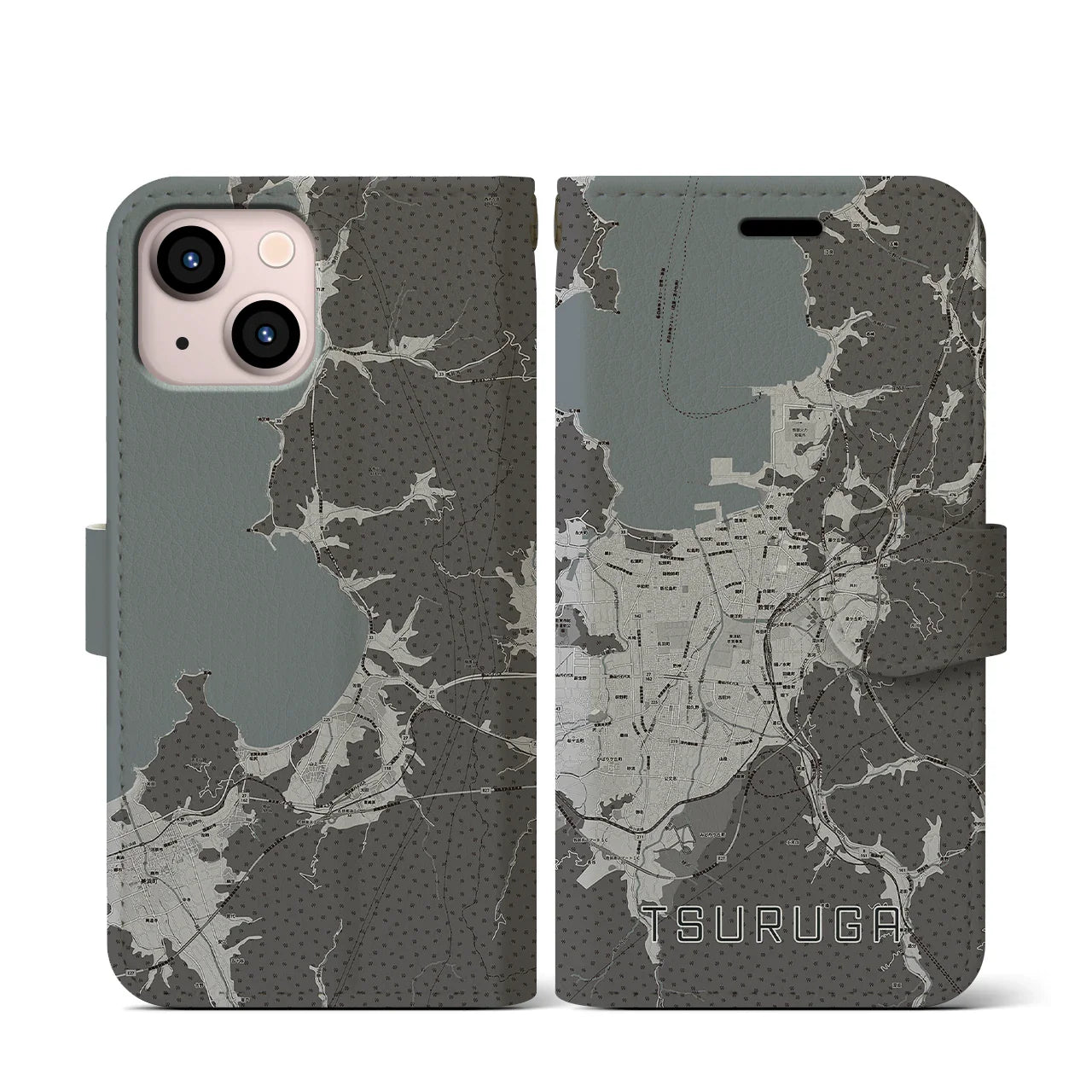 【敦賀(福井県)】地図柄iPhoneケース(手帳タイプ)モノトーン・iPhone 13 mini 用