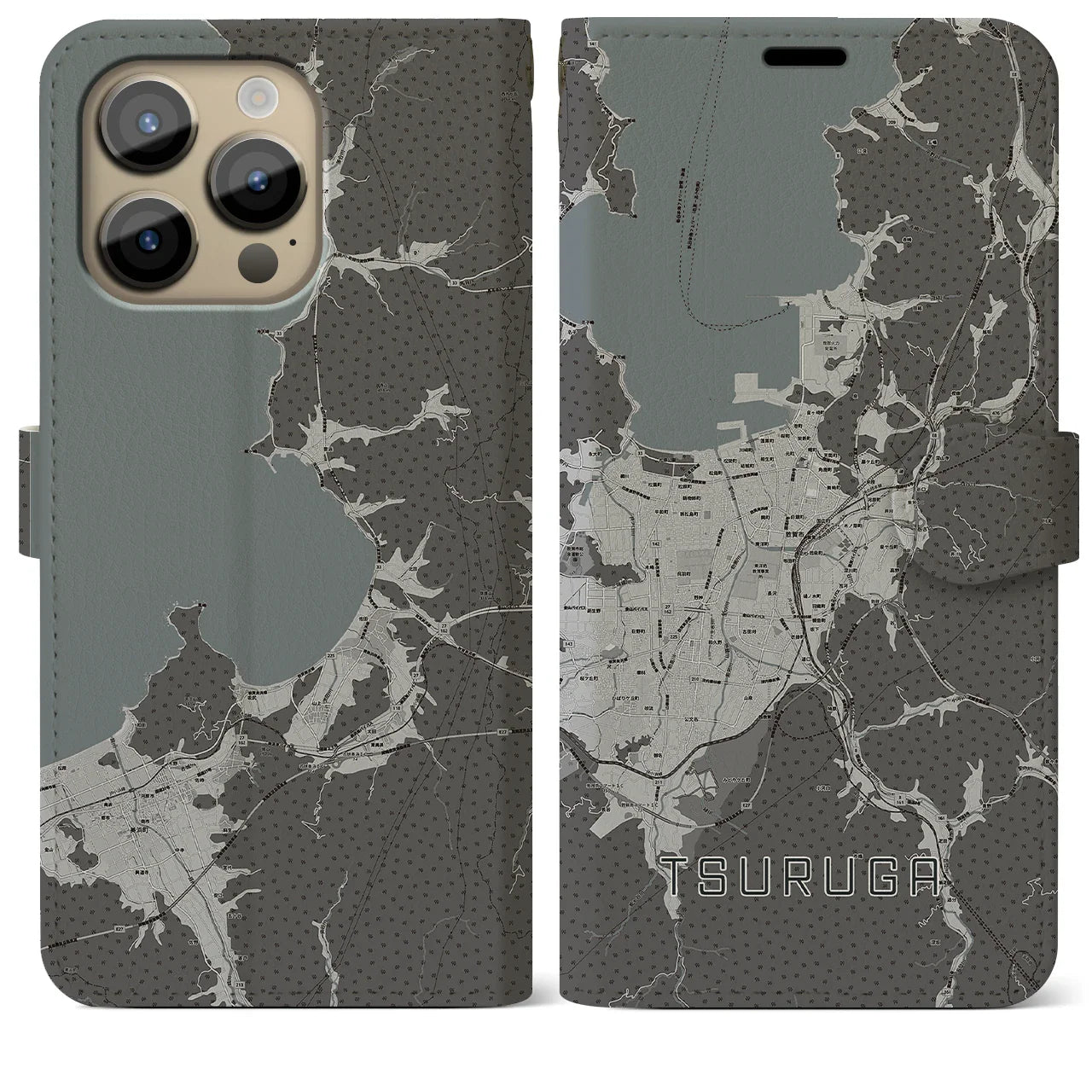 【敦賀(福井県)】地図柄iPhoneケース(手帳タイプ)モノトーン・iPhone 14 Pro Max 用