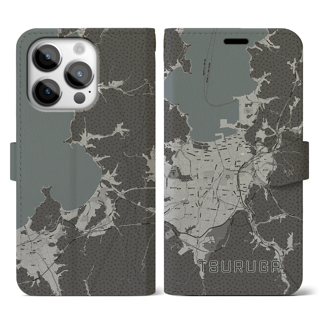 【敦賀(福井県)】地図柄iPhoneケース(手帳タイプ)モノトーン・iPhone 14 Pro 用