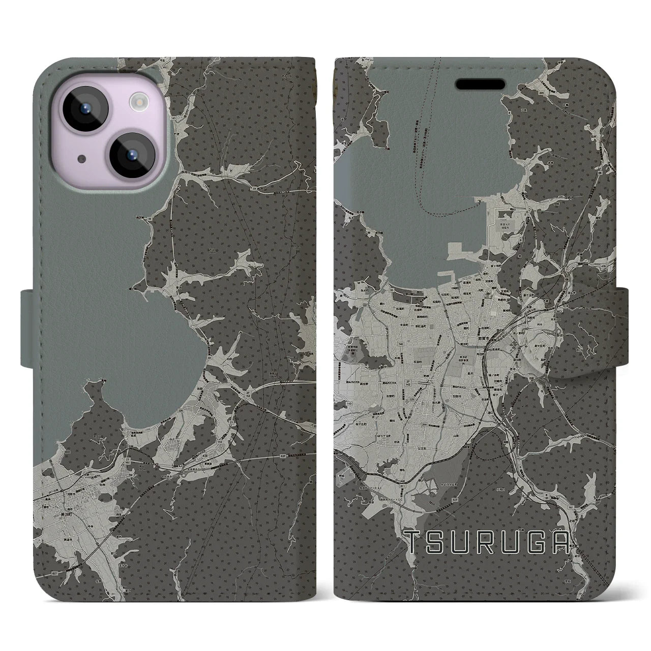 【敦賀(福井県)】地図柄iPhoneケース(手帳タイプ)モノトーン・iPhone 14 用