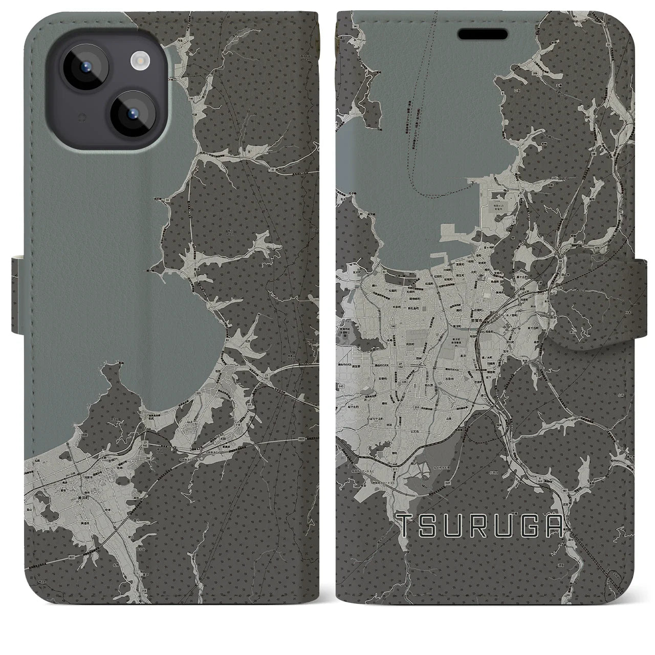 【敦賀(福井県)】地図柄iPhoneケース(手帳タイプ)モノトーン・iPhone 14 Plus 用