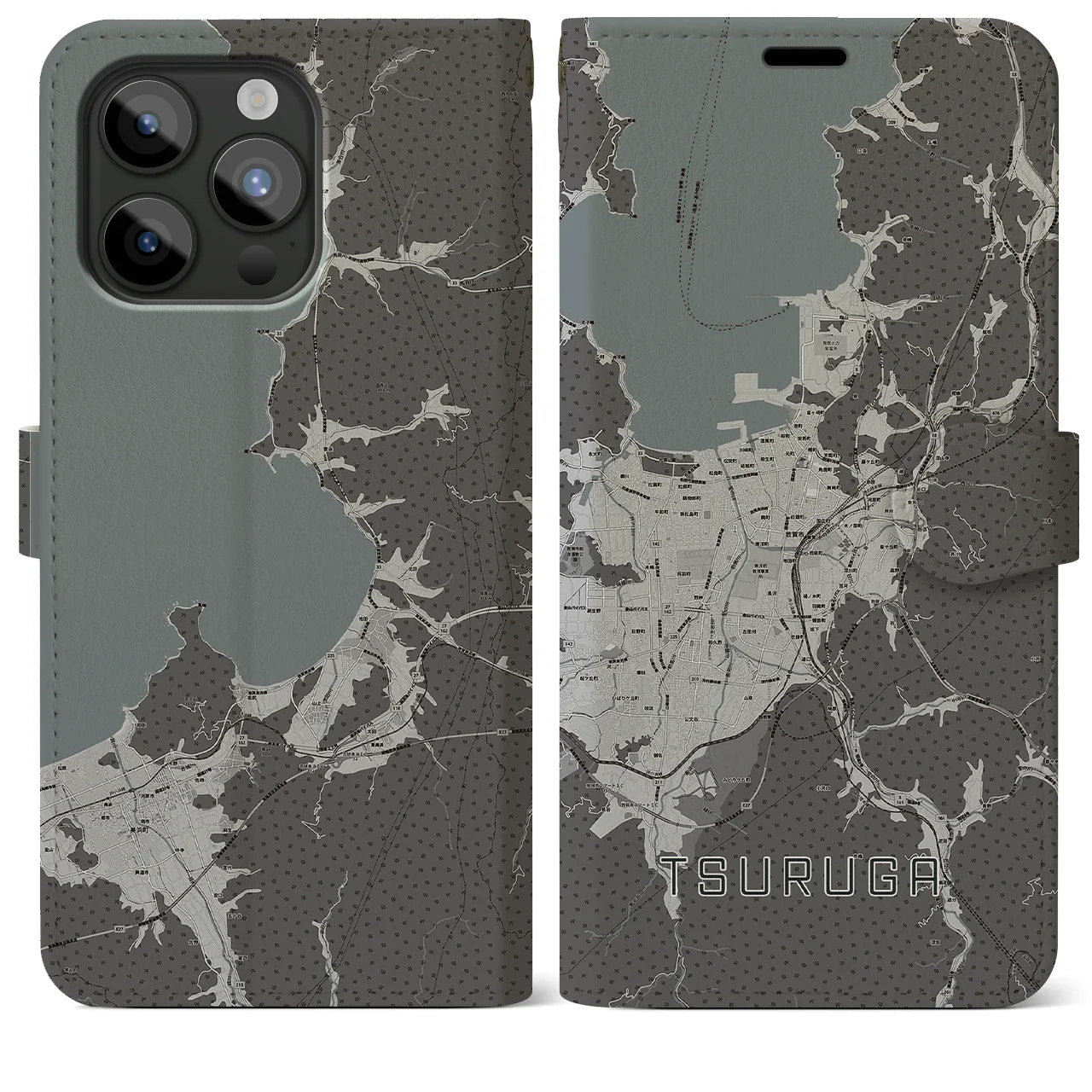 【敦賀(福井県)】地図柄iPhoneケース(手帳タイプ)モノトーン・iPhone 15 Pro Max 用