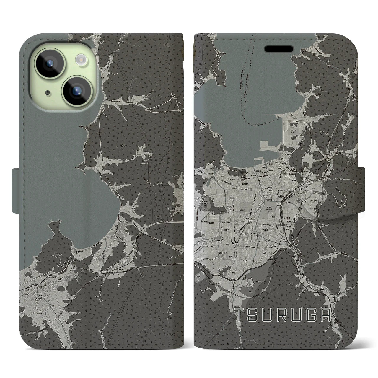 【敦賀(福井県)】地図柄iPhoneケース(手帳タイプ)モノトーン・iPhone 15 用