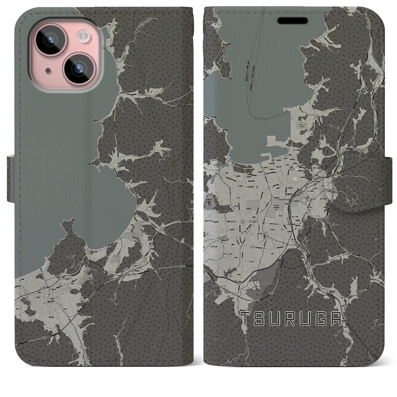 【敦賀(福井県)】地図柄iPhoneケース(手帳タイプ)モノトーン・iPhone 15 Plus 用