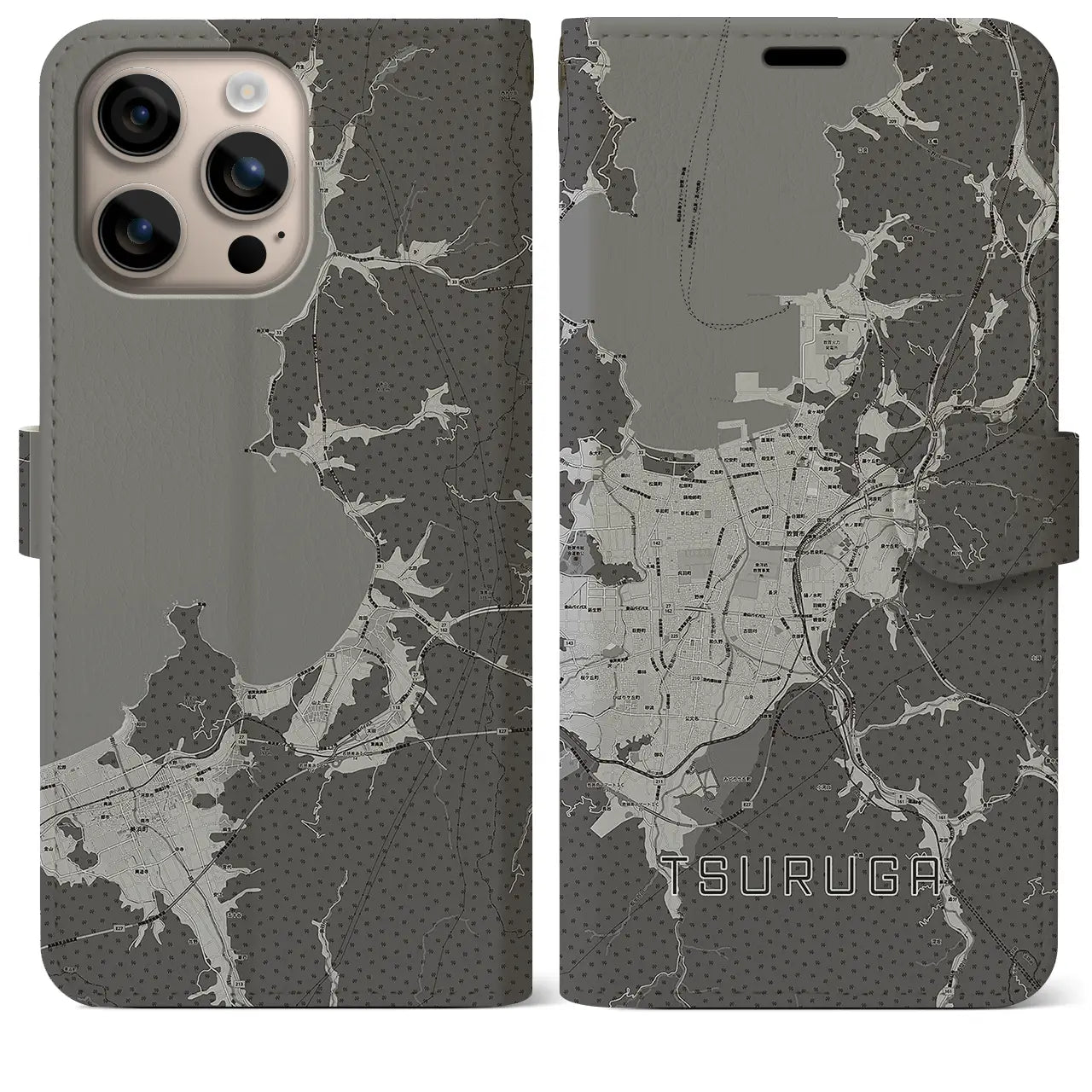 【敦賀(福井県)】地図柄iPhoneケース(手帳タイプ)モノトーン・iPhone 16 Plus 用