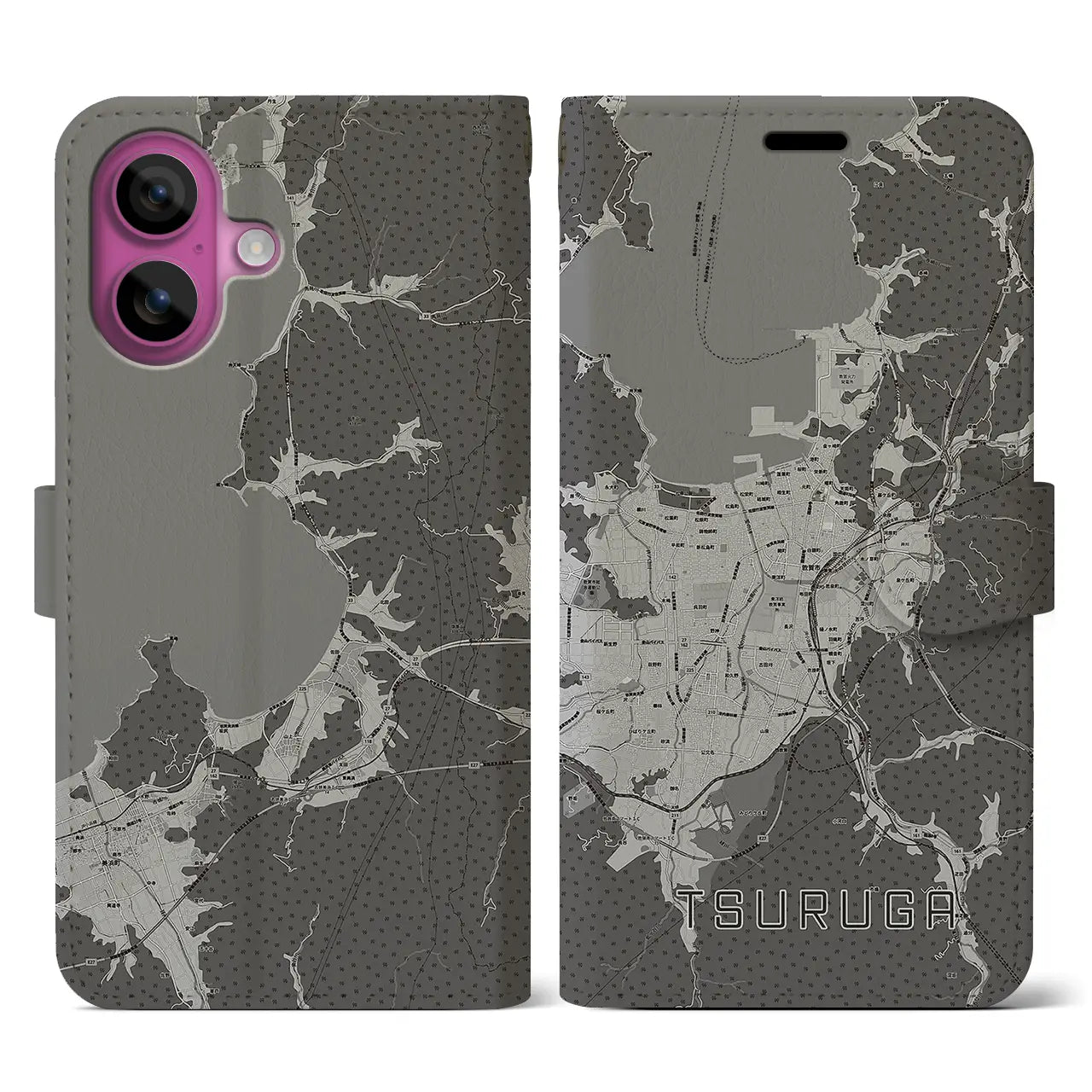 【敦賀(福井県)】地図柄iPhoneケース(手帳タイプ)モノトーン・iPhone 16 Pro 用