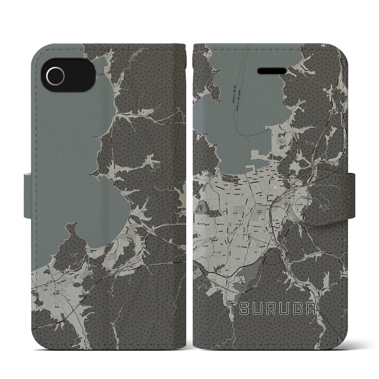 【敦賀(福井県)】地図柄iPhoneケース(手帳タイプ)モノトーン・iPhone SE(第3 / 第2世代) / 8 / 7 / 6s / 6 用
