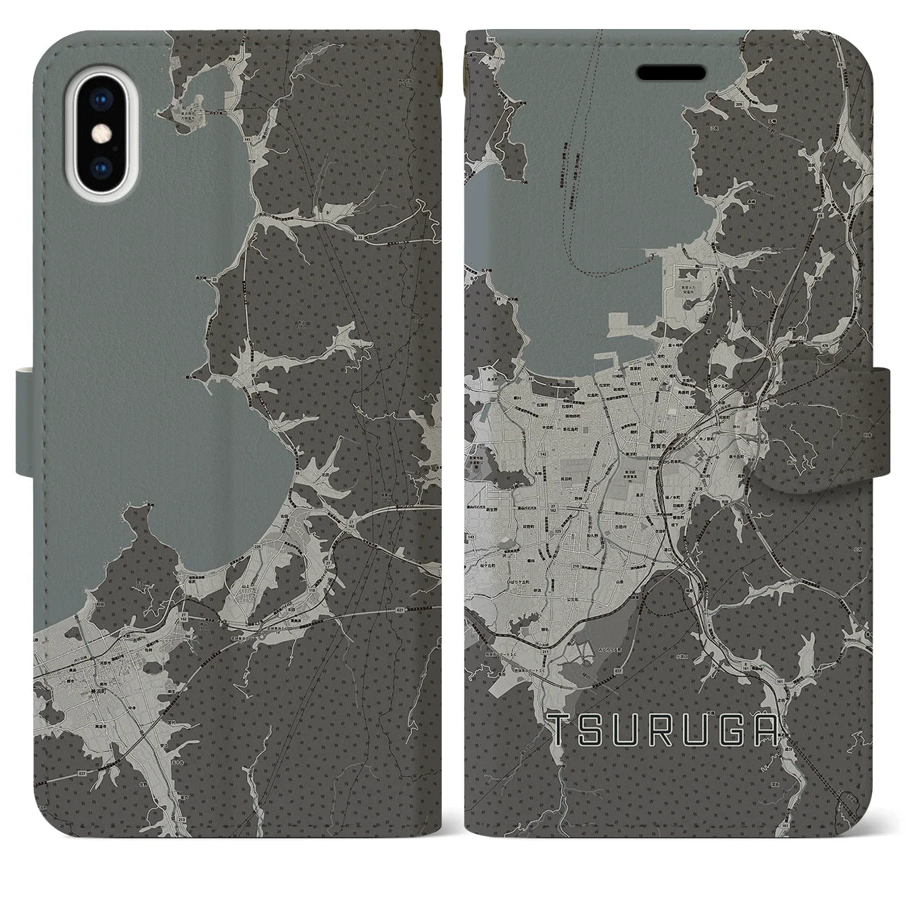 【敦賀(福井県)】地図柄iPhoneケース(手帳タイプ)モノトーン・iPhone XS Max 用