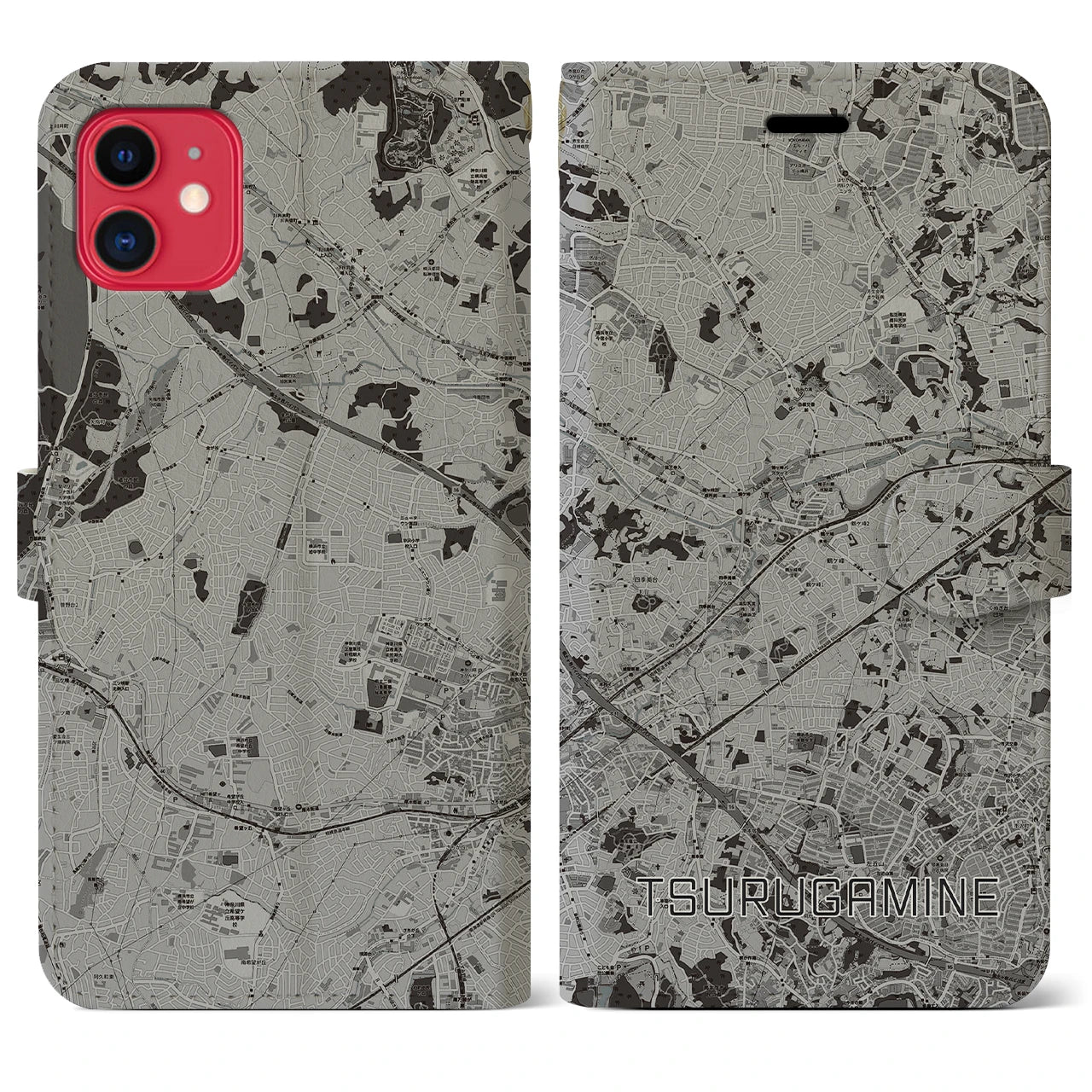 【鶴ヶ峰(神奈川県)】地図柄iPhoneケース(手帳タイプ)モノトーン・iPhone 11 用