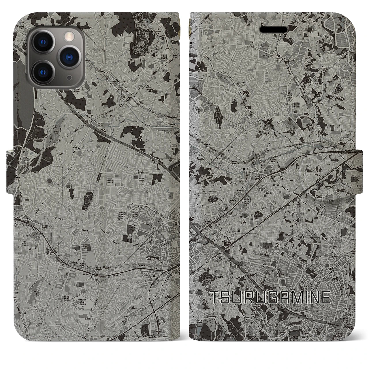 【鶴ヶ峰(神奈川県)】地図柄iPhoneケース(手帳タイプ)モノトーン・iPhone 11 Pro Max 用