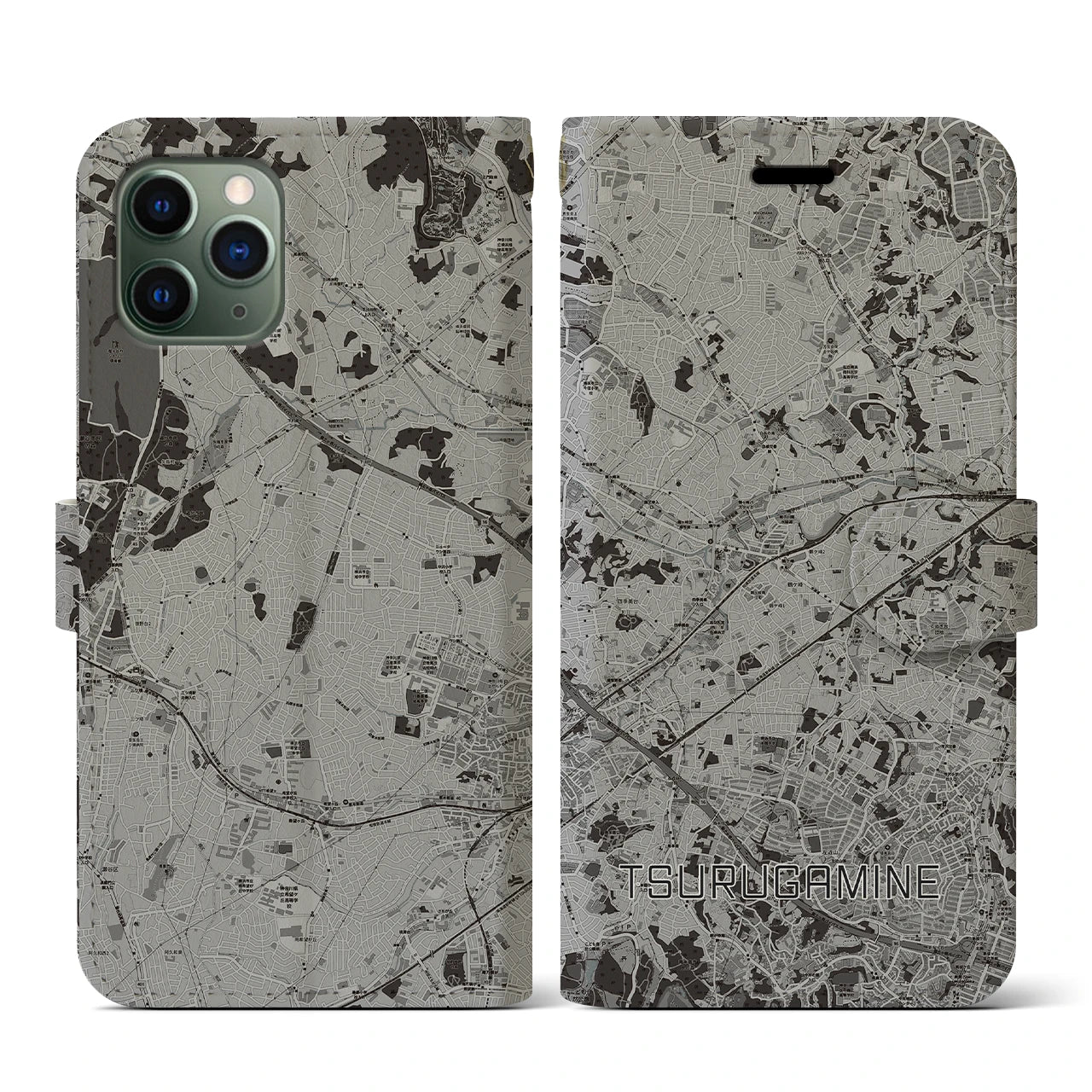 【鶴ヶ峰(神奈川県)】地図柄iPhoneケース(手帳タイプ)モノトーン・iPhone 11 Pro 用