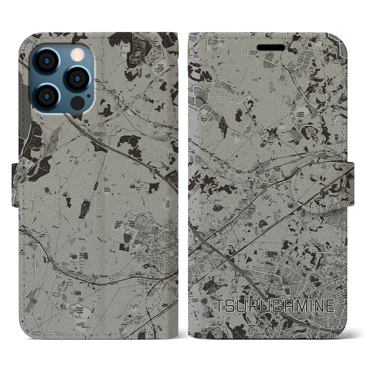 【鶴ヶ峰(神奈川県)】地図柄iPhoneケース(手帳タイプ)モノトーン・iPhone 12 / 12 Pro 用