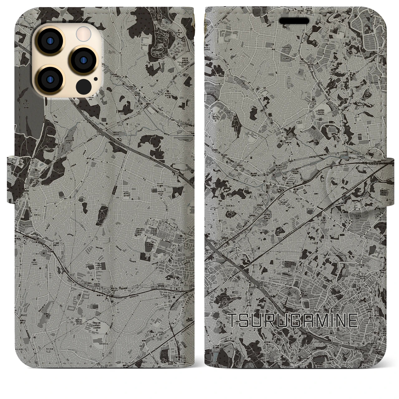 【鶴ヶ峰(神奈川県)】地図柄iPhoneケース(手帳タイプ)モノトーン・iPhone 12 Pro Max 用