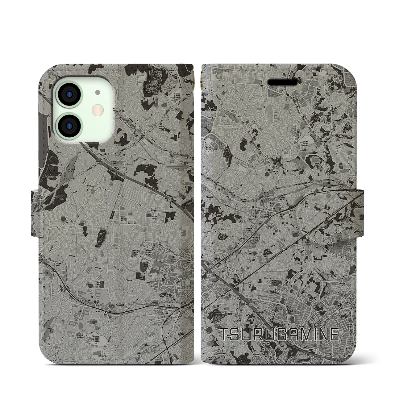 【鶴ヶ峰(神奈川県)】地図柄iPhoneケース(手帳タイプ)モノトーン・iPhone 12 mini 用