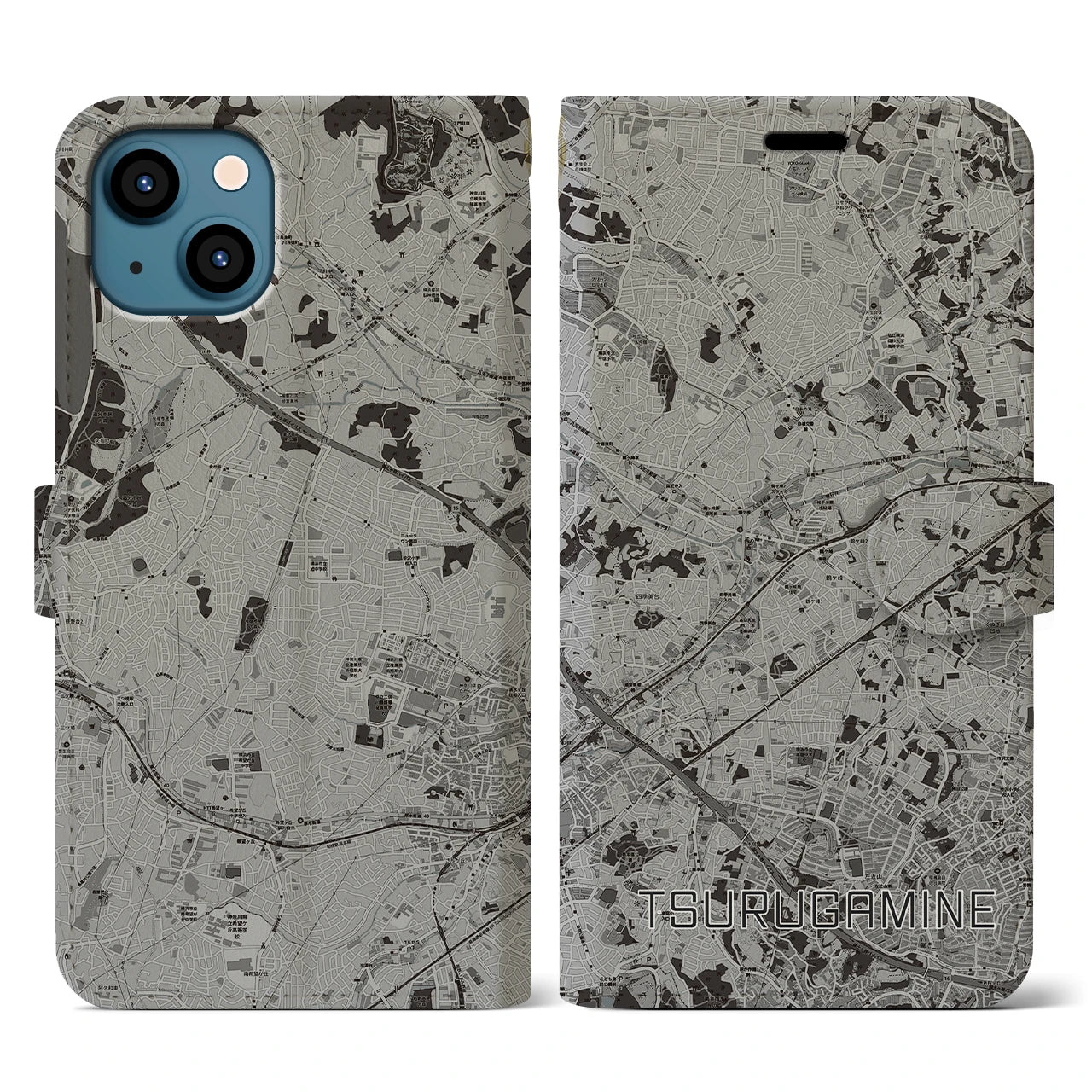 【鶴ヶ峰(神奈川県)】地図柄iPhoneケース(手帳タイプ)モノトーン・iPhone 13 用