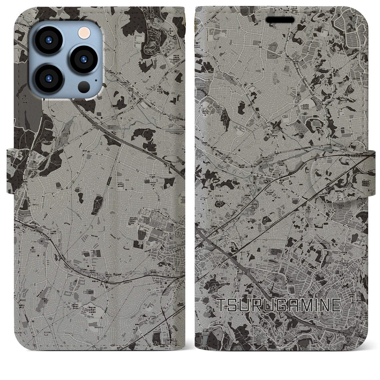 【鶴ヶ峰(神奈川県)】地図柄iPhoneケース(手帳タイプ)モノトーン・iPhone 13 Pro Max 用