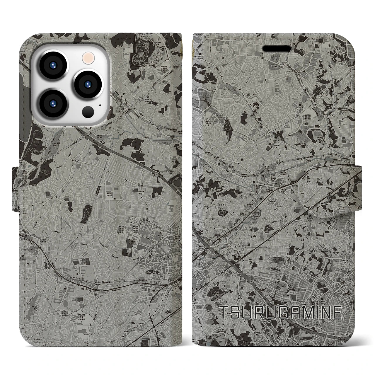 【鶴ヶ峰(神奈川県)】地図柄iPhoneケース(手帳タイプ)モノトーン・iPhone 13 Pro 用