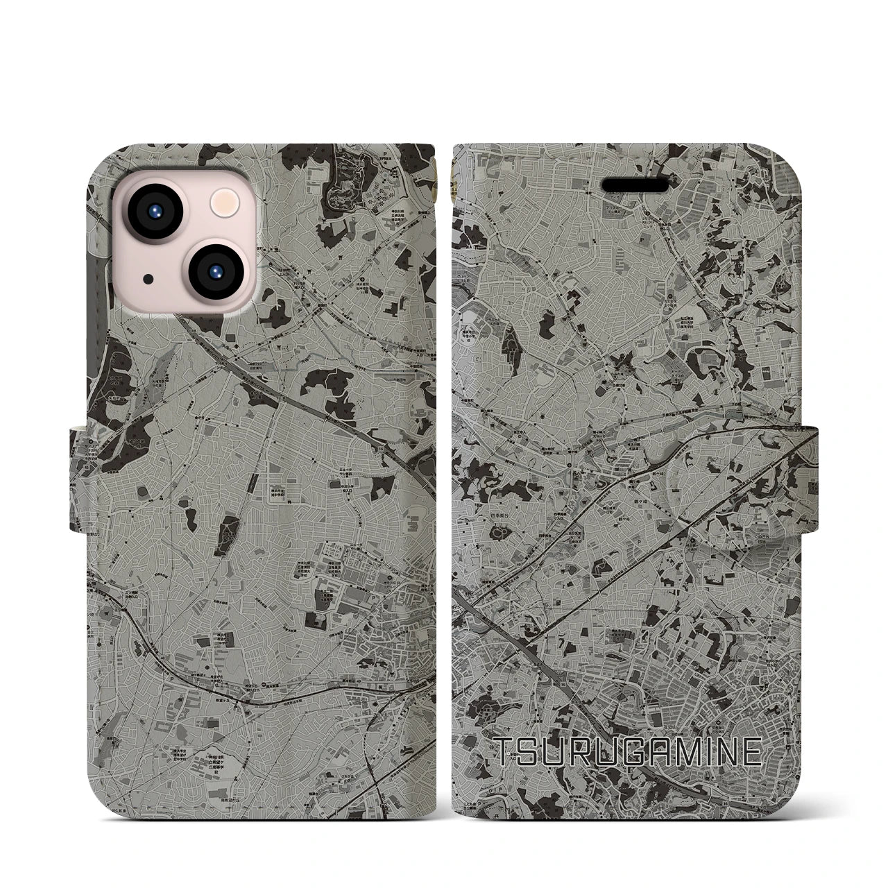 【鶴ヶ峰(神奈川県)】地図柄iPhoneケース(手帳タイプ)モノトーン・iPhone 13 mini 用