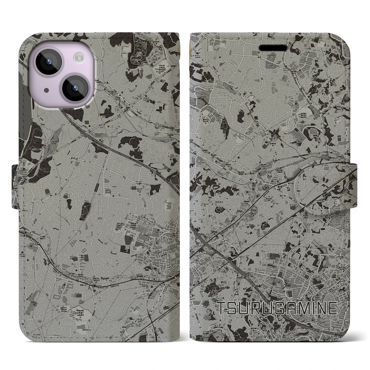 【鶴ヶ峰(神奈川県)】地図柄iPhoneケース(手帳タイプ)モノトーン・iPhone 14 用