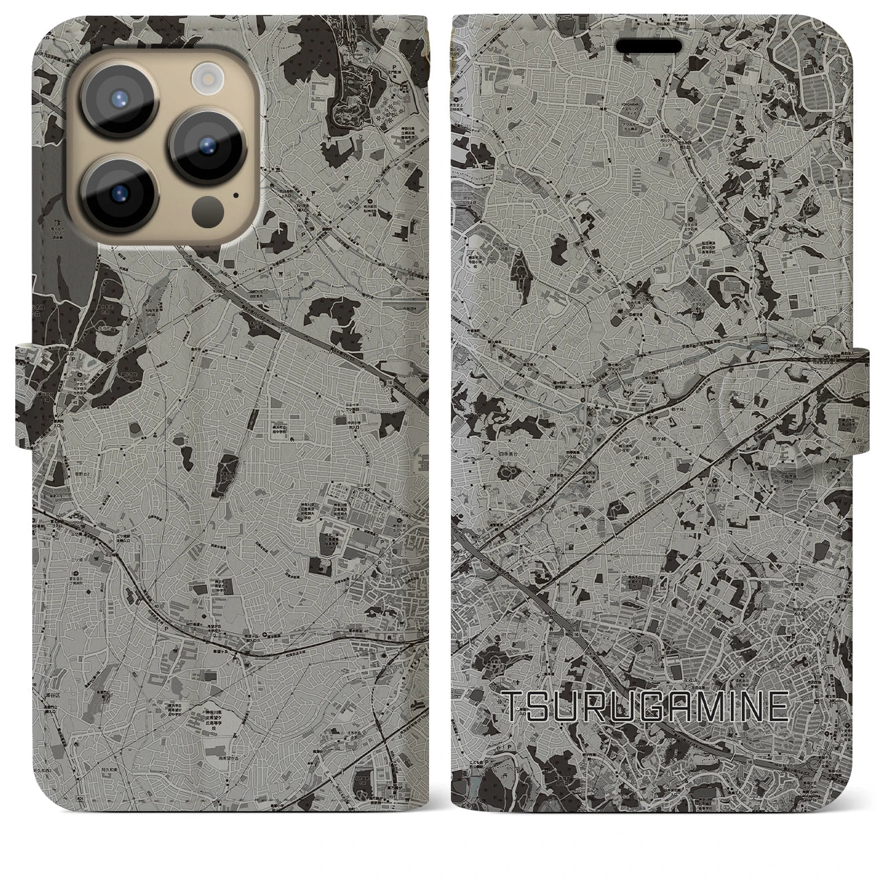 【鶴ヶ峰(神奈川県)】地図柄iPhoneケース(手帳タイプ)モノトーン・iPhone 14 Pro Max 用