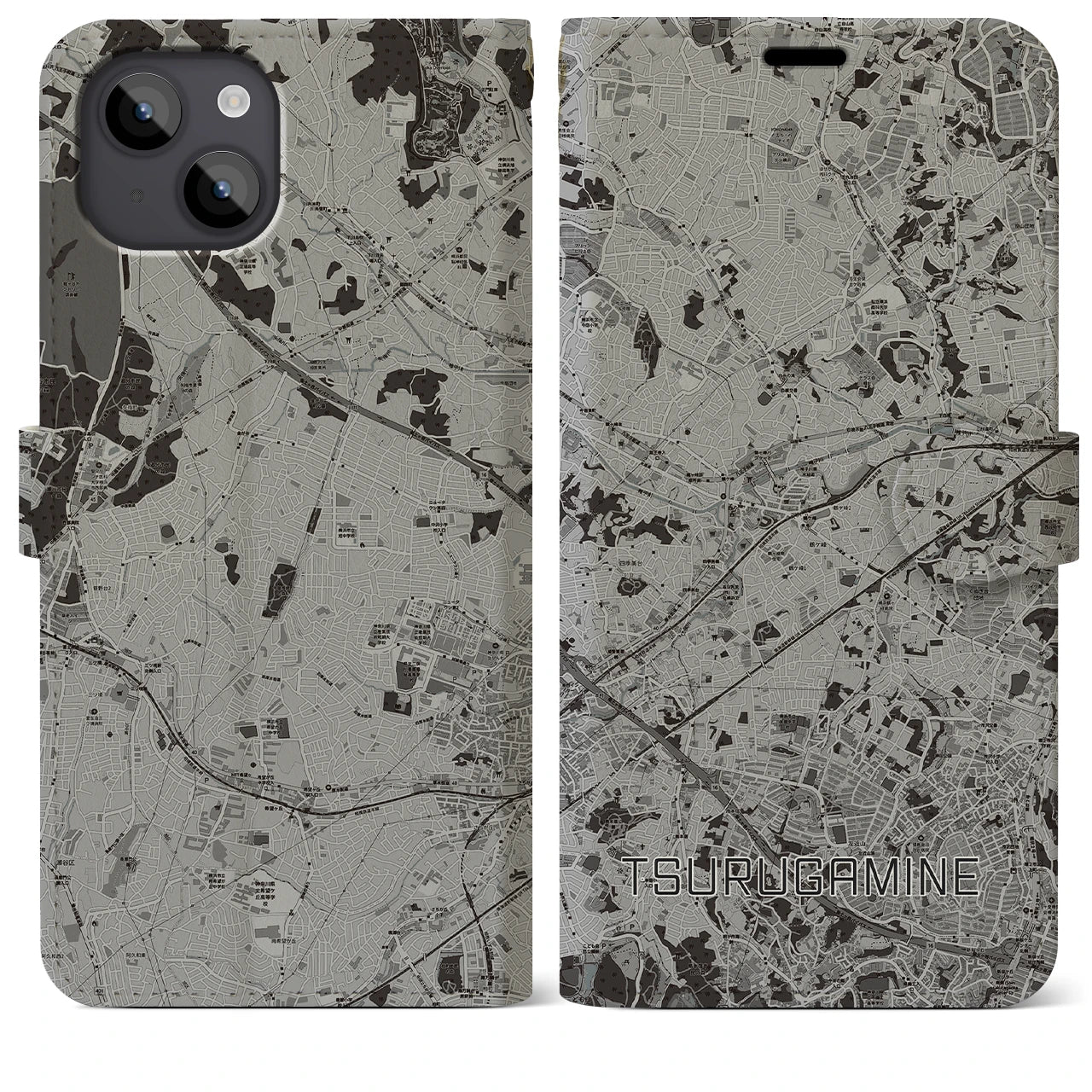 【鶴ヶ峰(神奈川県)】地図柄iPhoneケース(手帳タイプ)モノトーン・iPhone 14 Plus 用