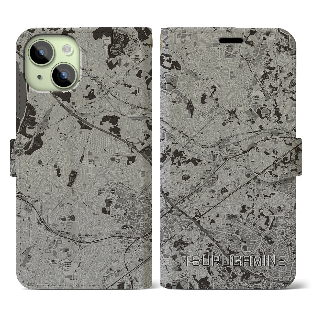 【鶴ヶ峰(神奈川県)】地図柄iPhoneケース(手帳タイプ)モノトーン・iPhone 15 用