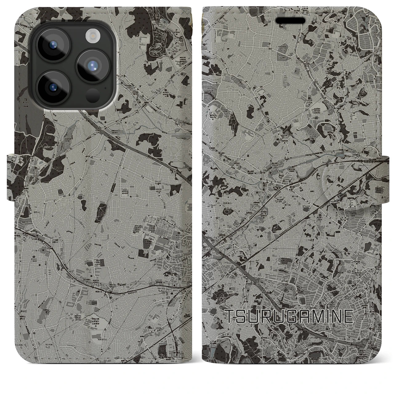 【鶴ヶ峰(神奈川県)】地図柄iPhoneケース(手帳タイプ)モノトーン・iPhone 15 Pro Max 用