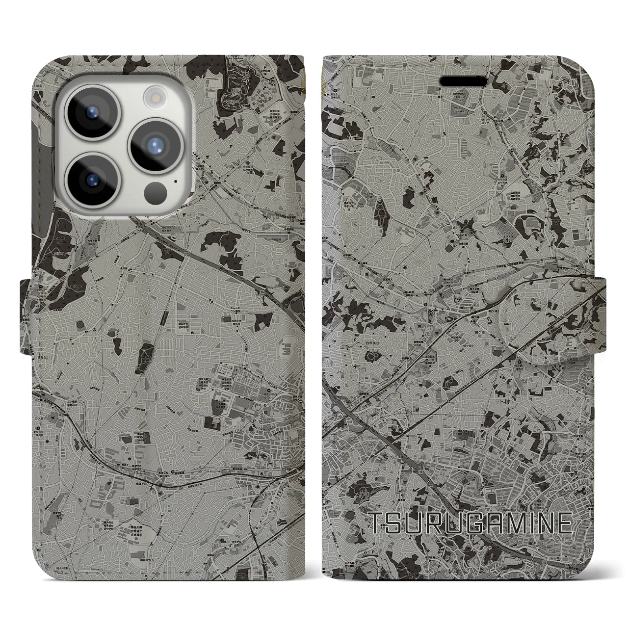 【鶴ヶ峰(神奈川県)】地図柄iPhoneケース(手帳タイプ)モノトーン・iPhone 15 Pro 用