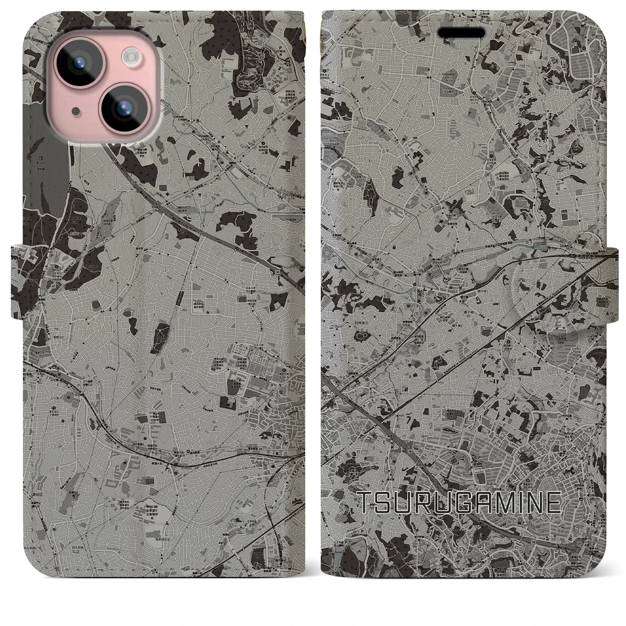 【鶴ヶ峰(神奈川県)】地図柄iPhoneケース(手帳タイプ)モノトーン・iPhone 15 Plus 用