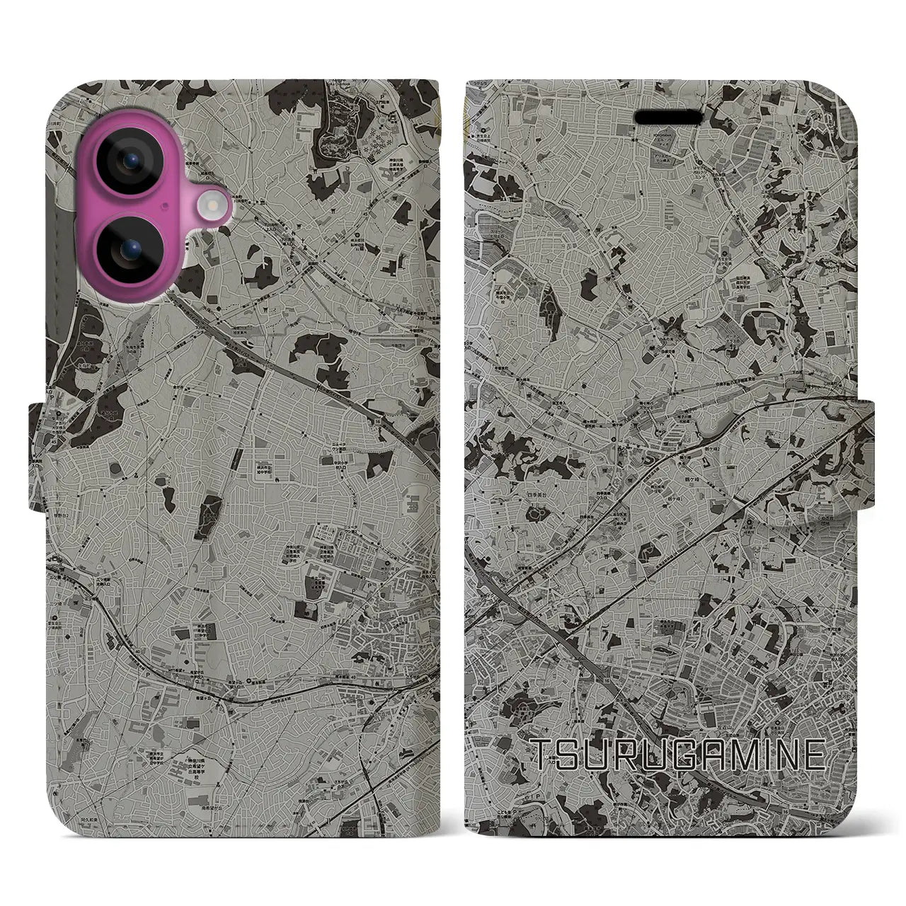 【鶴ヶ峰(神奈川県)】地図柄iPhoneケース(手帳タイプ)モノトーン・iPhone 16 Pro 用