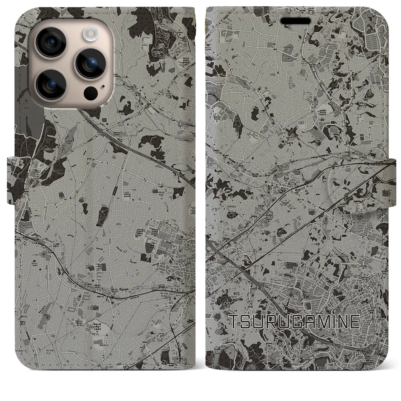 【鶴ヶ峰(神奈川県)】地図柄iPhoneケース(手帳タイプ)モノトーン・iPhone 16 Plus 用