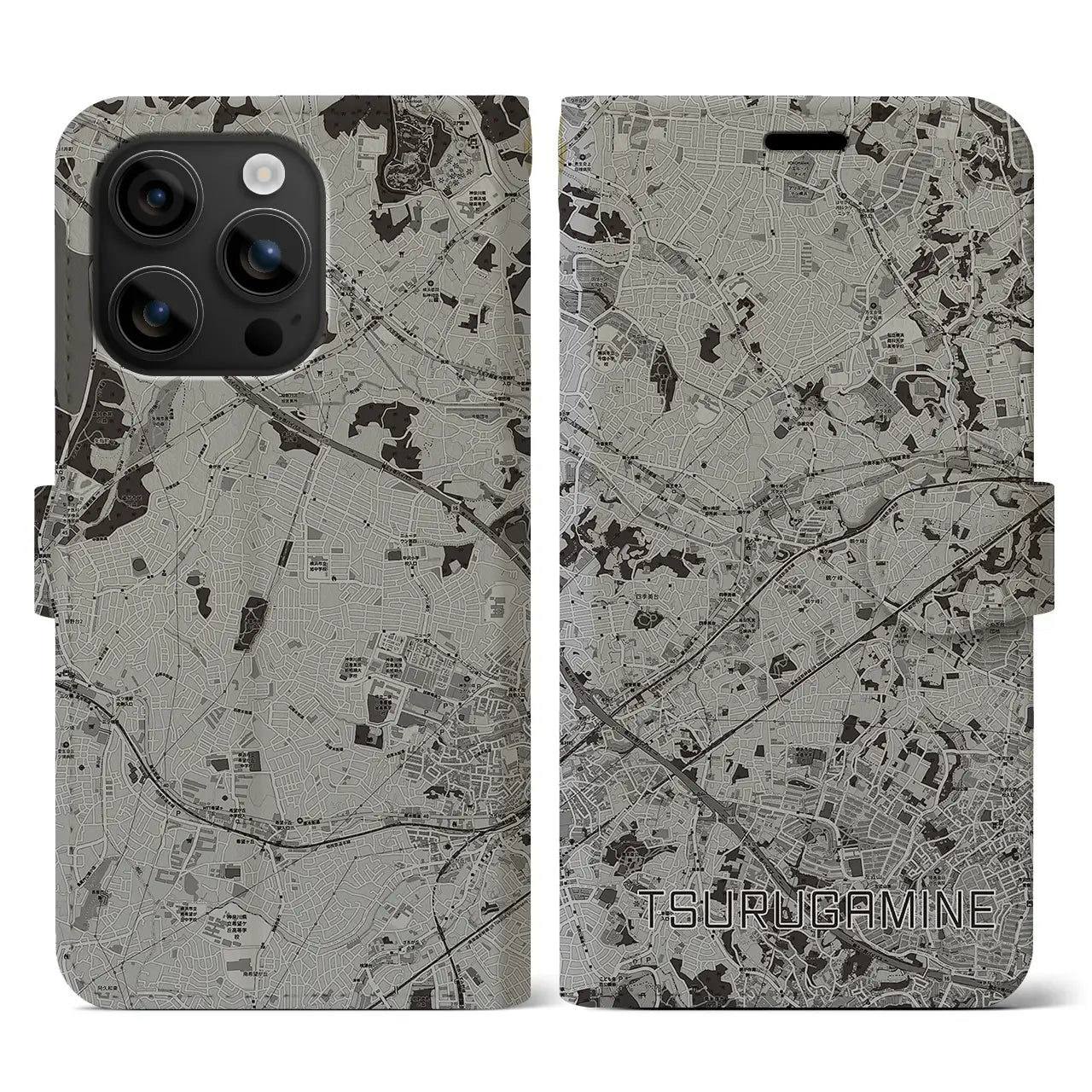 【鶴ヶ峰(神奈川県)】地図柄iPhoneケース(手帳タイプ)モノトーン・iPhone 16 用