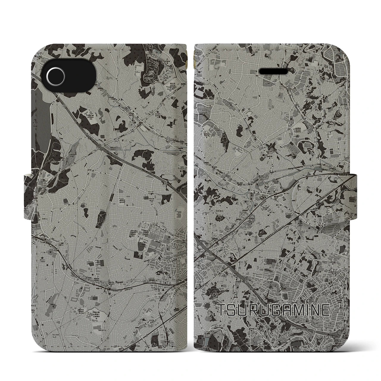 【鶴ヶ峰(神奈川県)】地図柄iPhoneケース(手帳タイプ)モノトーン・iPhone SE(第3 / 第2世代) / 8 / 7 / 6s / 6 用