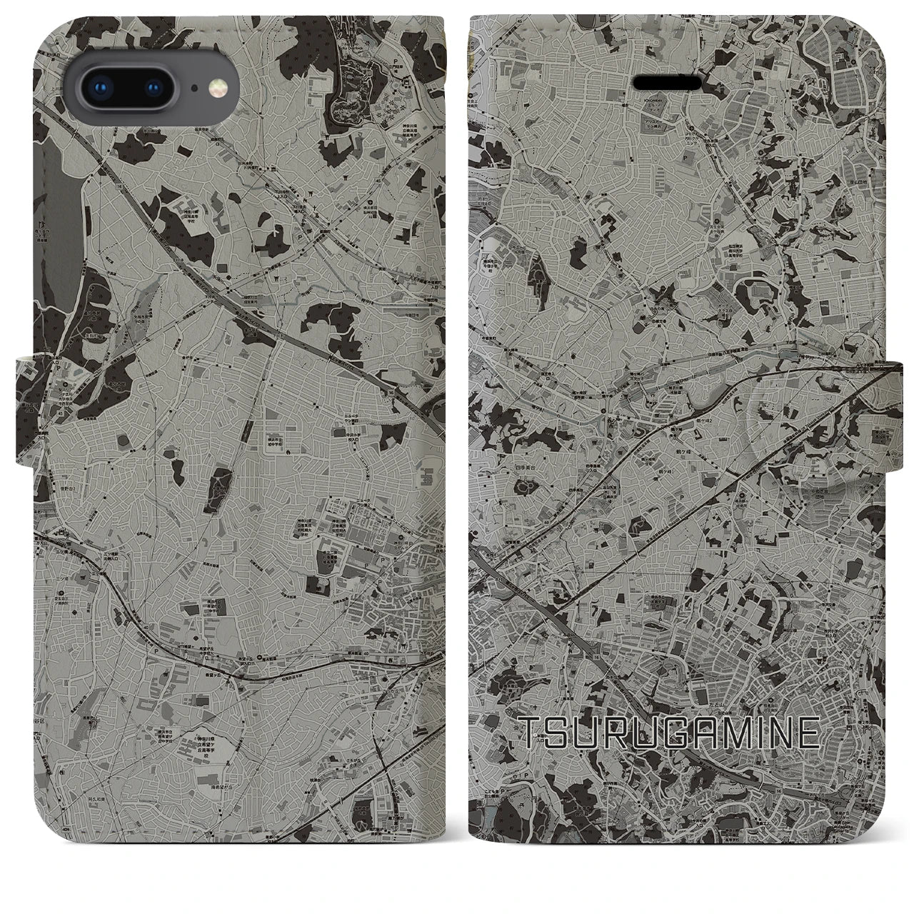 【鶴ヶ峰(神奈川県)】地図柄iPhoneケース(手帳タイプ)モノトーン・iPhone 8Plus /7Plus / 6sPlus / 6Plus 用