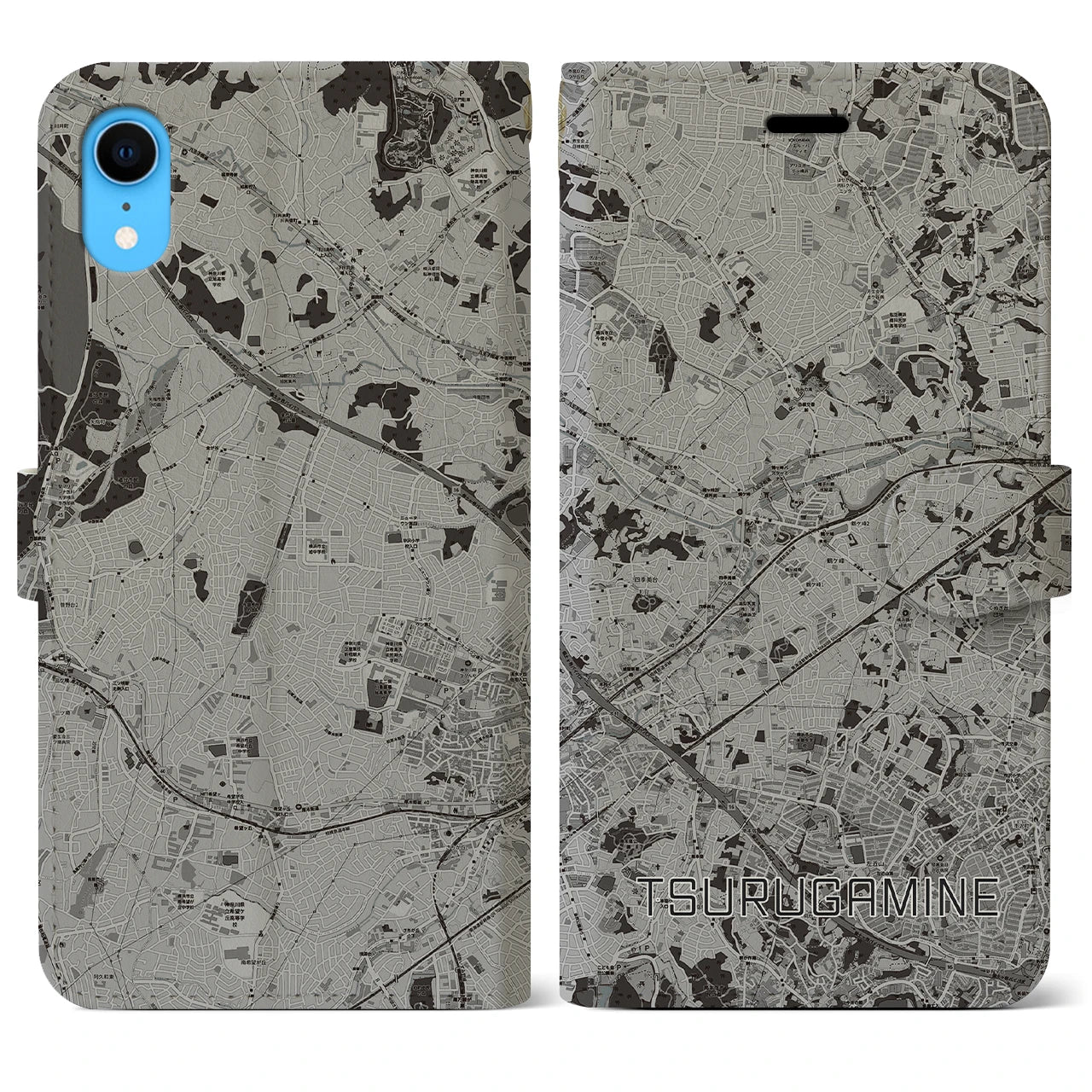 【鶴ヶ峰(神奈川県)】地図柄iPhoneケース(手帳タイプ)モノトーン・iPhone XR 用