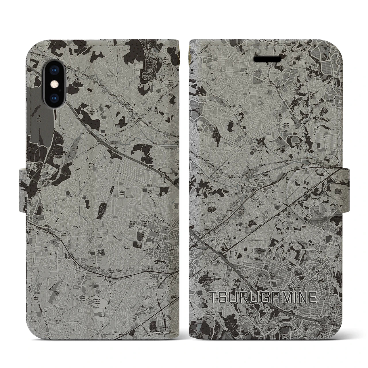 【鶴ヶ峰(神奈川県)】地図柄iPhoneケース(手帳タイプ)モノトーン・iPhone XS / X 用