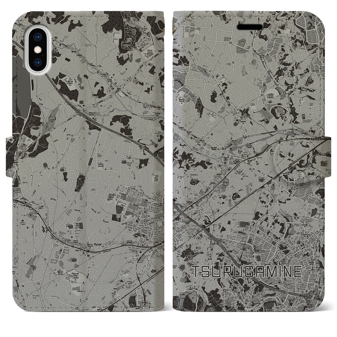 【鶴ヶ峰(神奈川県)】地図柄iPhoneケース(手帳タイプ)モノトーン・iPhone XS Max 用