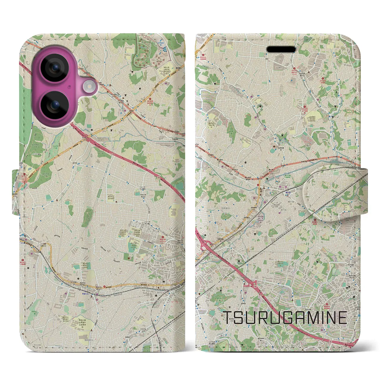 【鶴ヶ峰(神奈川県)】地図柄iPhoneケース(手帳タイプ)ナチュラル・iPhone 16 Pro 用
