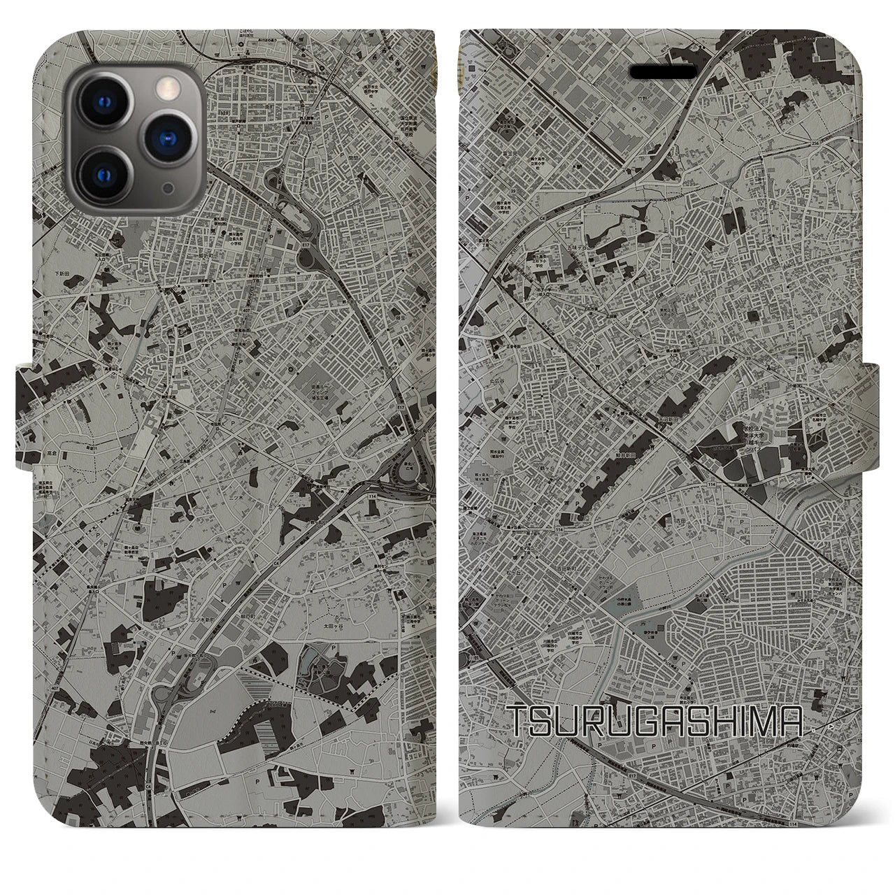 【鶴ヶ島(埼玉県)】地図柄iPhoneケース(手帳タイプ)モノトーン・iPhone 11 Pro Max 用