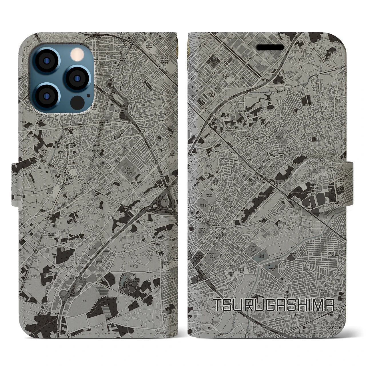 【鶴ヶ島(埼玉県)】地図柄iPhoneケース(手帳タイプ)モノトーン・iPhone 12 / 12 Pro 用