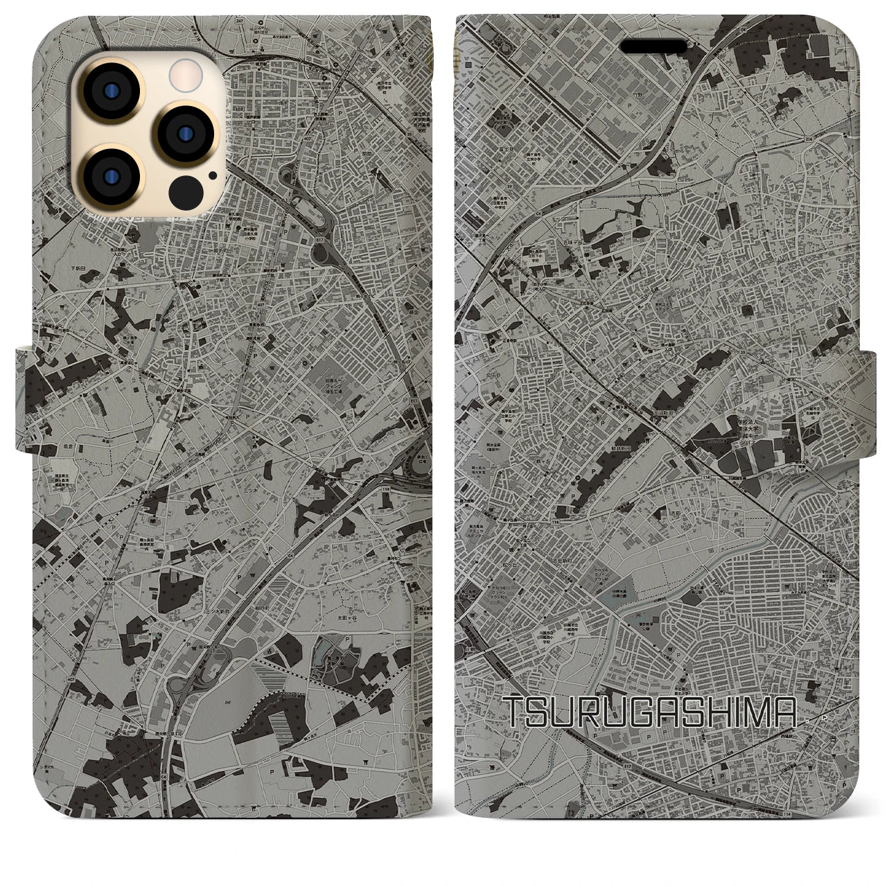 【鶴ヶ島(埼玉県)】地図柄iPhoneケース(手帳タイプ)モノトーン・iPhone 12 Pro Max 用