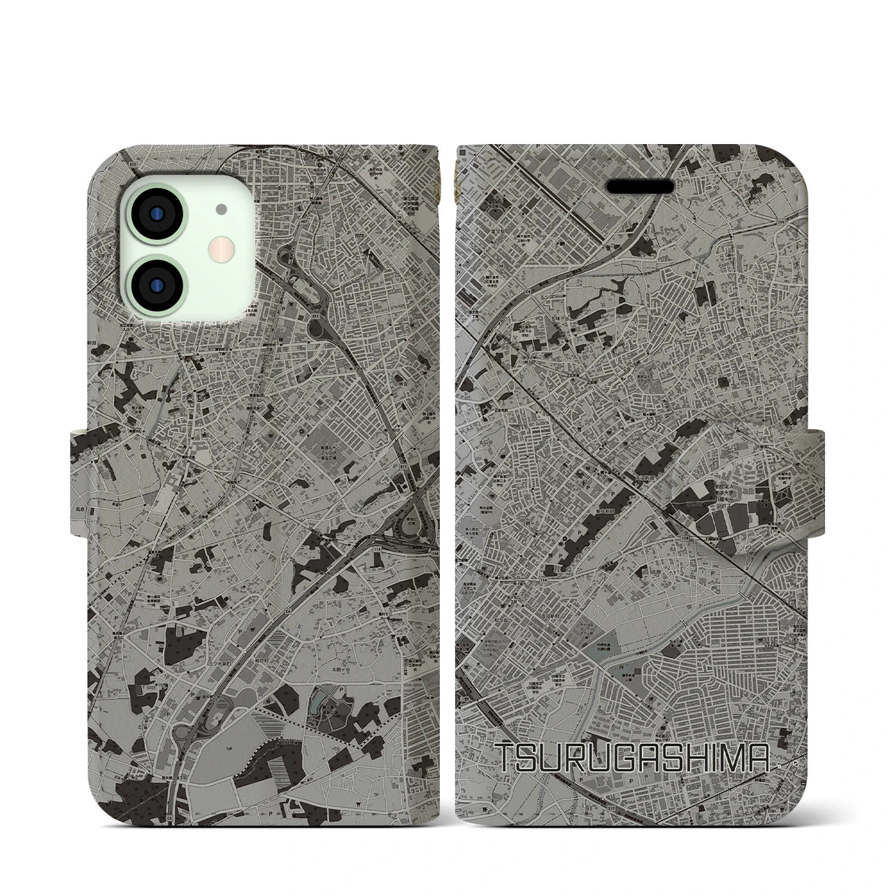 【鶴ヶ島(埼玉県)】地図柄iPhoneケース(手帳タイプ)モノトーン・iPhone 12 mini 用