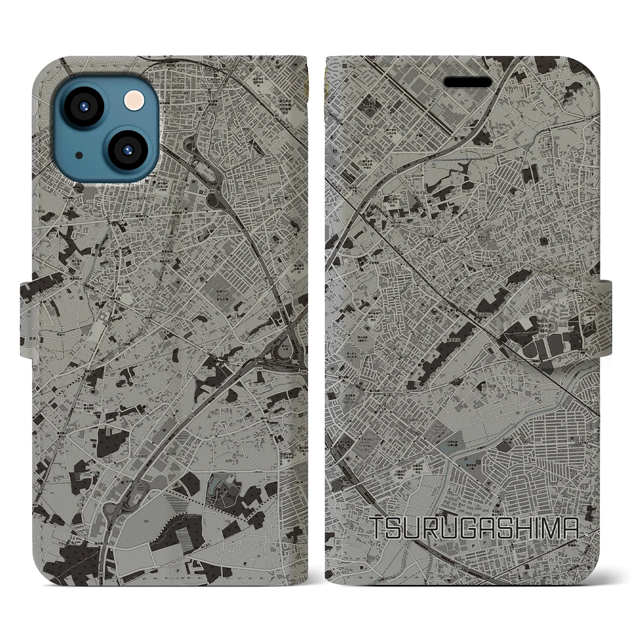 【鶴ヶ島(埼玉県)】地図柄iPhoneケース(手帳タイプ)モノトーン・iPhone 13 用
