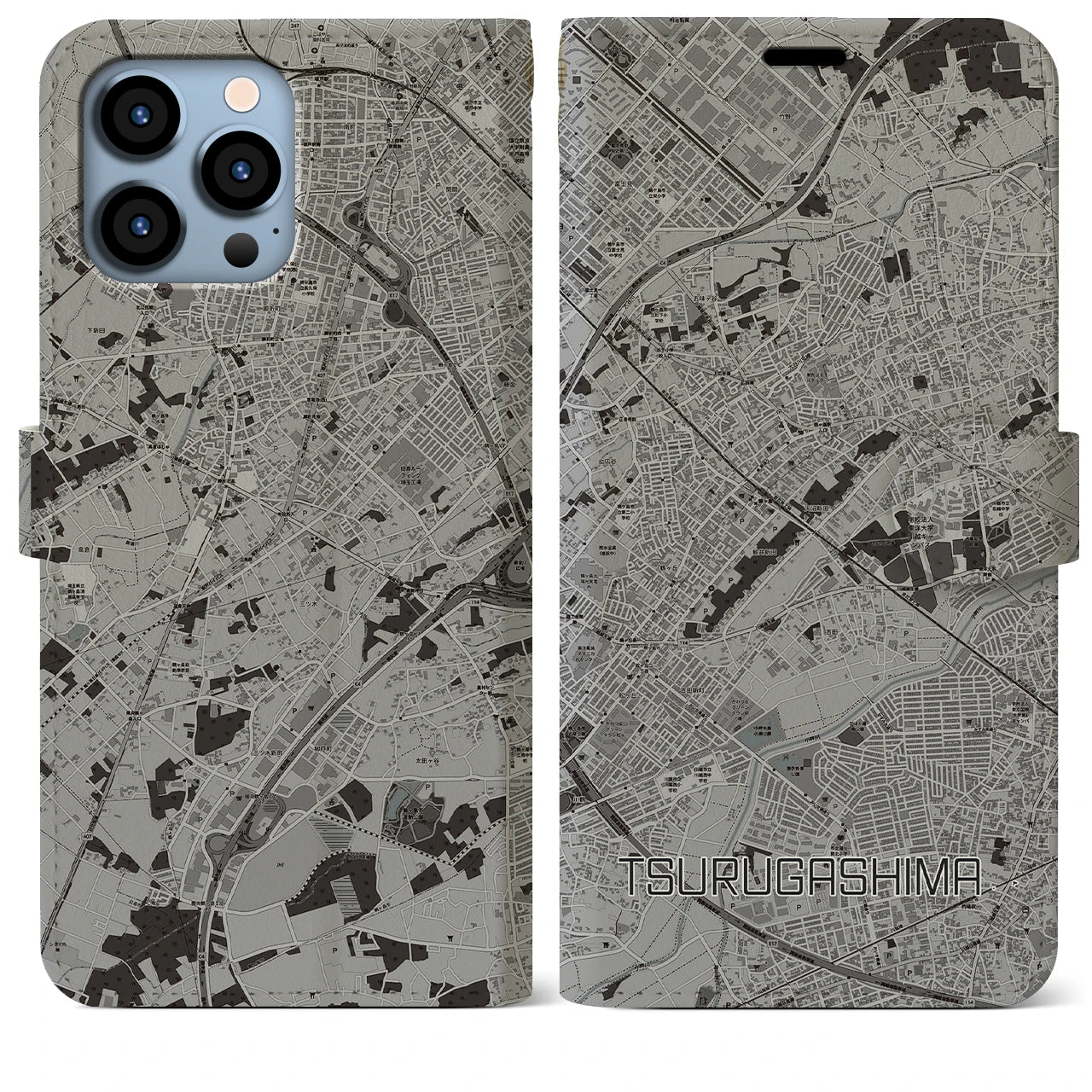 【鶴ヶ島(埼玉県)】地図柄iPhoneケース(手帳タイプ)モノトーン・iPhone 13 Pro Max 用